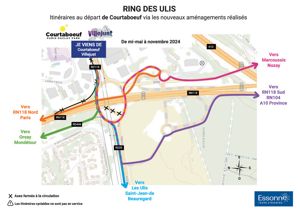 nouvelle carte des itinéraires au départ de Courtaboeuf / Villejust via les nouveaux aménagements réalisés notamment avec la mise en service de la bretelle RD446 – Fin mai à novembre 2024