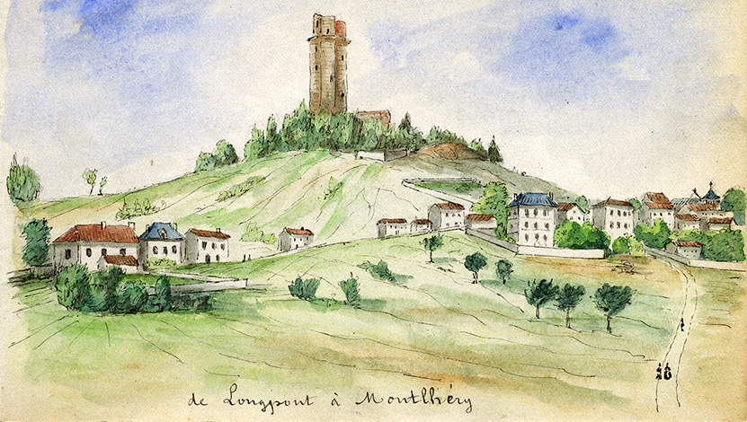 Route de Longpont à Montlhéry, aquarelle de Charles Albert Roch dit Capaul, fin 19e siècle. - Arch. dép. Essonne, 17FI/44.